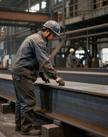Blue and white Maclog Transportes truck loaded with steel beams on a highway.