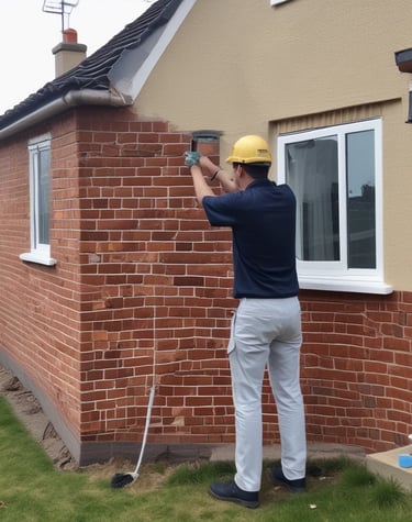 Workers applying silicone rendering to a house exterior on a sunny day