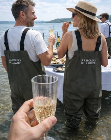 couple trinquant au champagne dans les parcs à huîtres