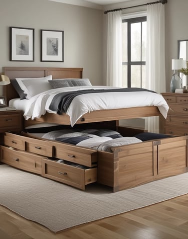 Soft neutral-toned tiny bedroom with a cozy rug and a small potted plant on a floating shelf.