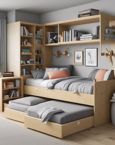 A tiny bedroom featuring a loft bed with built-in shelves underneath and warm fairy lights.