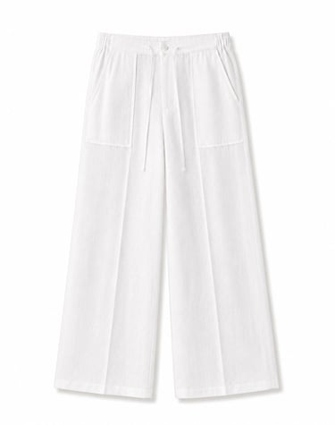 White wide-leg linen trousers for women featuring a comfortable drawstring elastic waist and front pockets.