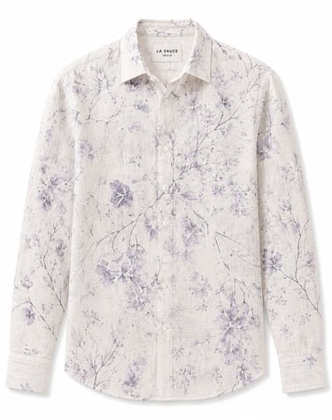 Men's white long-sleeve linen shirt with a purple floral branch print and button-down collar.