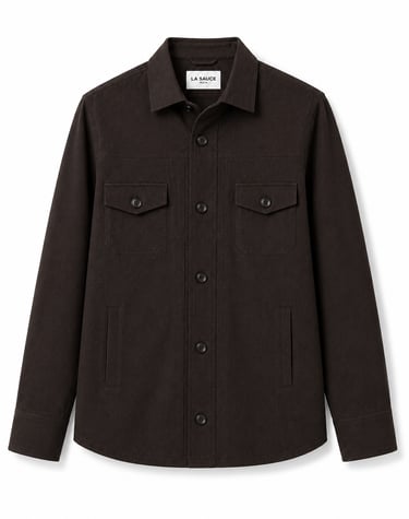 A dark brown men's cotton chore jacket with chest pockets and a button-down front.