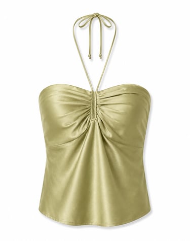 Elegant sage green silk halter top with a ruched bust and tie-neck closure.