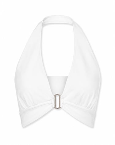 White halter neck bikini top with a silver ring detail and plunging neckline.