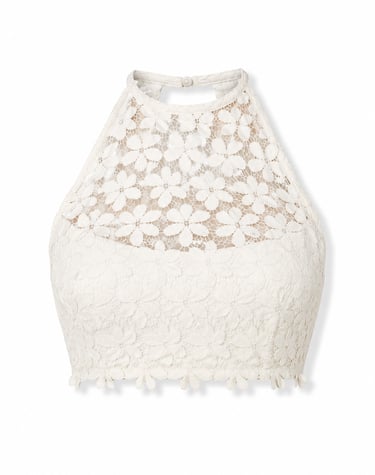 White floral lace halter neck crop top for women featuring a high neckline and scalloped hem.