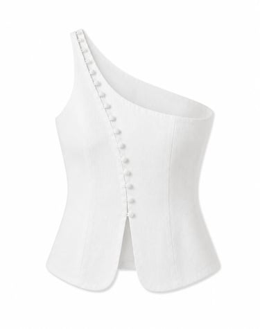 Elegant white one-shoulder linen top featuring a row of fabric-covered buttons and a modern asymmetric cut.