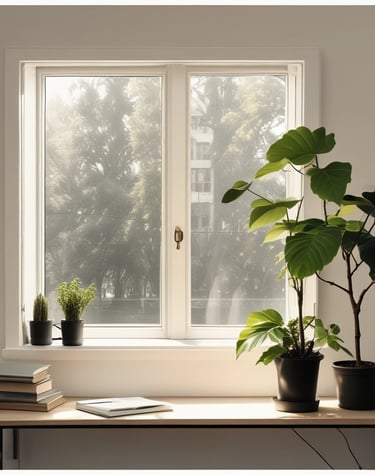 Hands holding a journal and pen beside a cup of herbal tea on a wooden table.