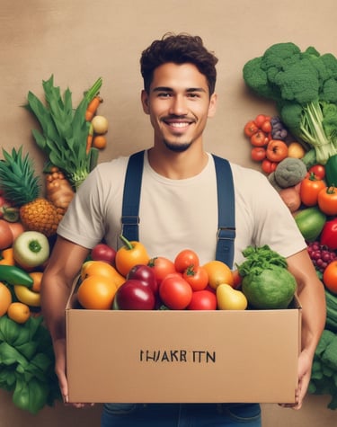 A smiling man holding a cardboard box filled with organic fruits and vegetables for fresh grocery delivery.