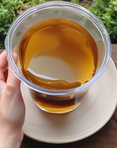 Close-up of a simple ceramic cup filled with steaming herbal tea on a wooden table bathed in soft morning light.