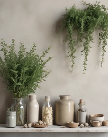 A minimalist shelf displaying Tisaani’s herbal tea packages alongside a small potted plant, emphasizing everyday ritual.
