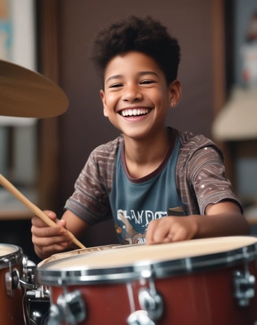 Professional drummer teaching a student in a cozy recording studio filled with drums and microphones