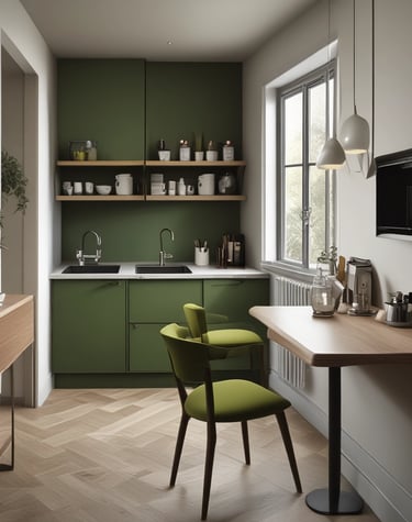 Modern small kitchen design with olive green cabinets, wooden breakfast bar, and herringbone flooring.