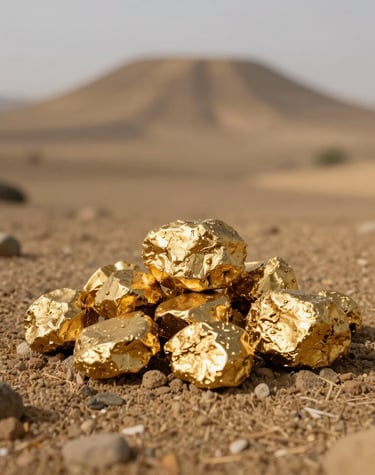 Close-up of a sleek gold detector with gold accents resting on desert sand