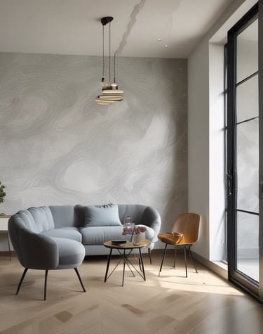 Bright, modern living room interior with freshly painted white walls and gold accents.