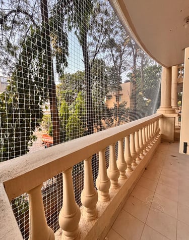 Evening view of a pigeon net covering a large balcony, with soft shadows cast by the setting sun.