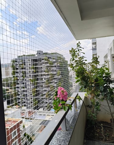 Evening shot of a balcony protected by pigeon nets, with city lights in the background.