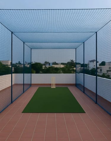 Close-up of a sturdy sports net securely installed on a Mumbai terrace under bright sunlight.