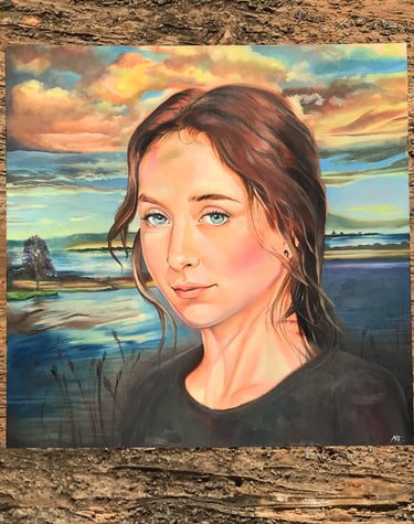 a painting of a woman with blue eyes
