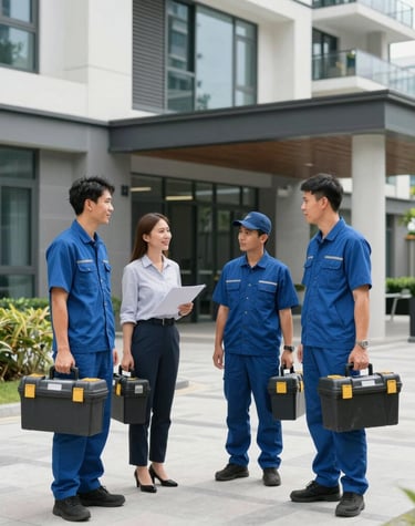 Technician inspecting HVAC unit on a commercial rooftop under a clear sky.