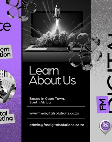 a poster for a business card with a rocket, fm digital solutions, what we offer , web solutions 