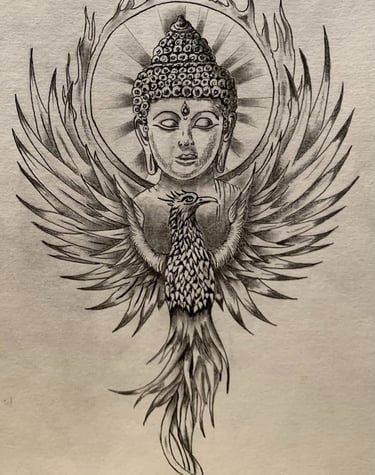 Croquis préparatoire pour le tatouage sur mesure d'un Bouddah par a2c tattoo à Challes-les-Eaux