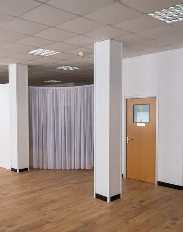 The White Room door to the green room and Prop room curtain at Atlas Studios.