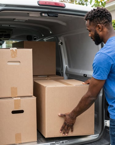 Friendly movers smiling as they carry boxes up a staircase inside a new apartment.