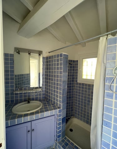  Petite salle de bain carrelée bleu avant travaux