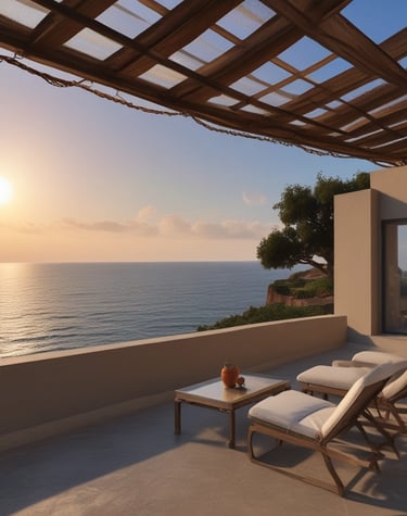 a patio with lounge chairs and a view of the ocean