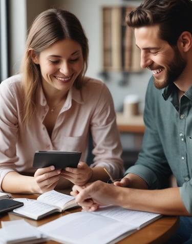 Smiling young couple using a digital tablet while communicating about their plans at a cafe table.