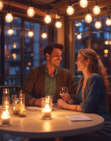 A happy couple enjoying a romantic dinner date on a terrace with warm string lights and candles.