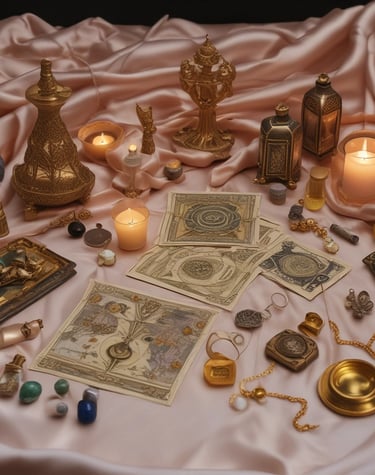 A beautifully arranged tarot deck with gold and deep indigo accents.