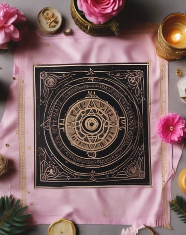 A serene space for rituals adorned with deep indigo and gold decor.