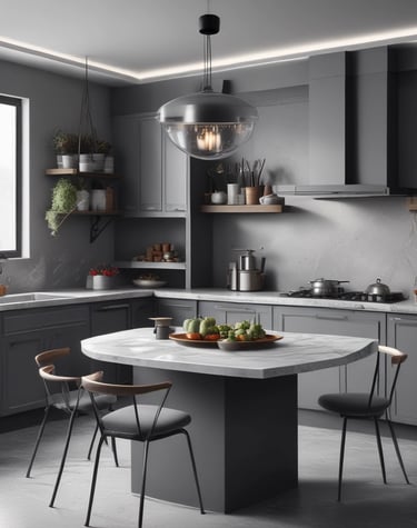 Modern aluminum kitchen cabinetry with sleek handles and glass accents.