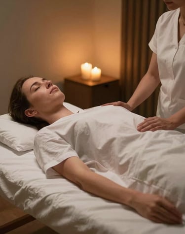 A serene Reiki session bathed in calming blue and purple hues with cosmic light effects.