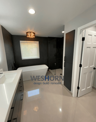 A bright, modern bathroom featuring sleek fixtures and a spacious walk-in shower.