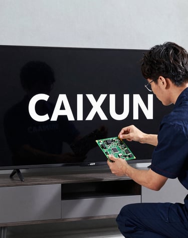Close-up of a high-end LED TV screen showing vibrant colors during maintenance.