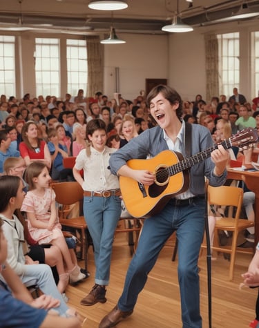 A young man playing an acoustic guitar and singing for a large indoor audience at a community event.
