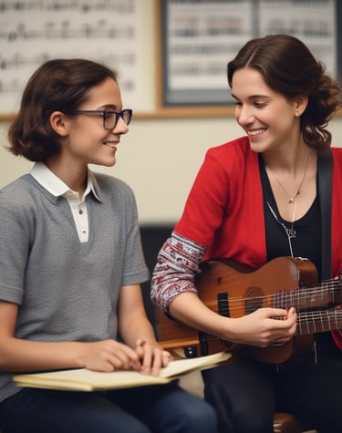 Diane and a voice student sharing a laugh mid-lesson in a bright, music-filled studio corner.