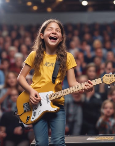 A happy young girl playing a yellow electric guitar on stage during a live concert performance.