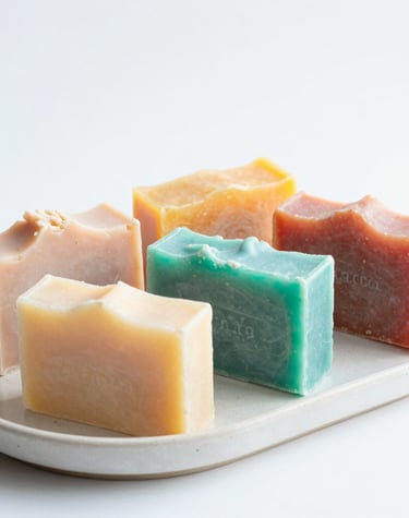 Close-up of a delicate heart-shaped soap in soft pink hues resting on a purple silk cloth.