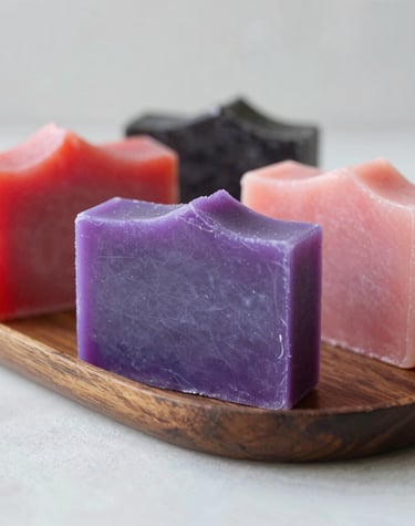 A cluster of organic grape soaps with natural textures and rich purple tones arranged on rustic wood.