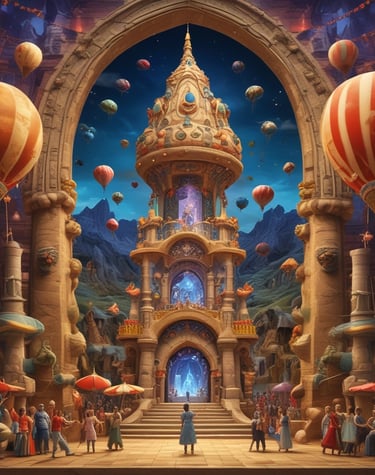 A vibrant flying theater with cinematic lighting and Cappadocia textures.