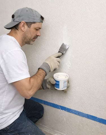 a man is repairing a crack on an interior wall with flexible putty