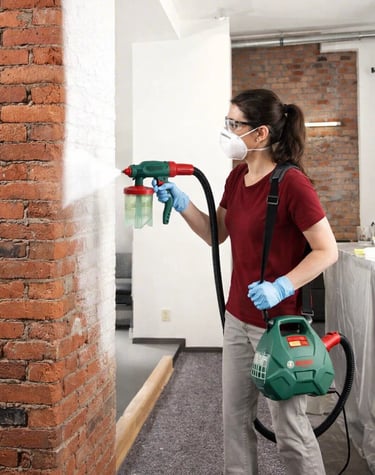 a woman in a mask and gloves is painting a wall by a spray gun