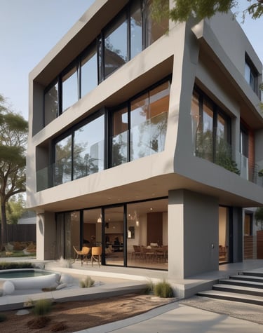 A lush backyard landscape with winding stone pathways and native plants.