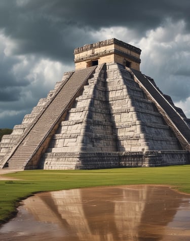 Sunset view over the ancient pyramids of Teotihuacan with tourists exploring