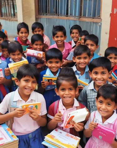Children receiving school supplies with joyful smiles under Jumadin Trust's education program.